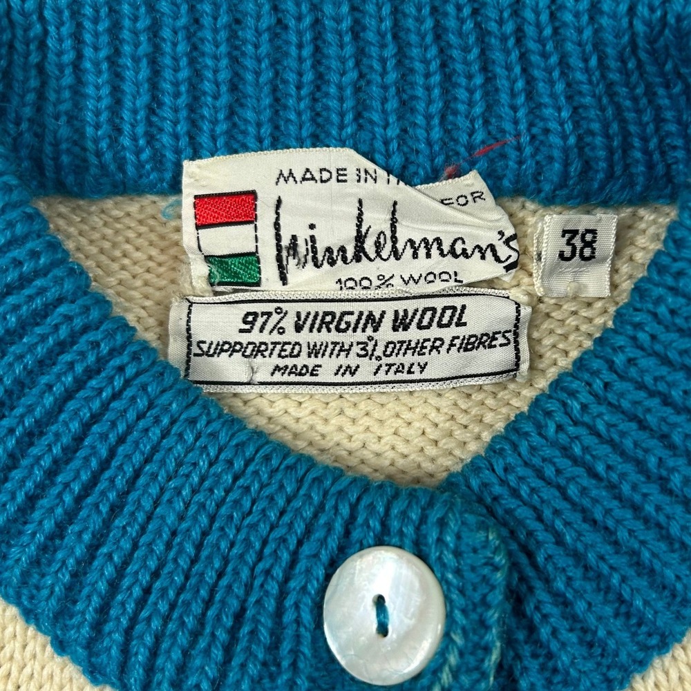 Winkelmans Vintage Made in Italy Virgin Wool Fair Isle Cardigan Blue White 38 - Picture 3 of 5